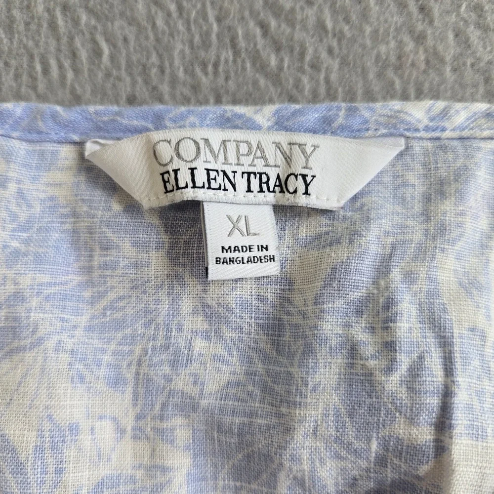 Company Ellen Tracy Tank Top Women XL Blue Floral 100% Linen Tassel High-Low